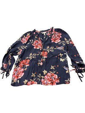 Joie Navy Silk Floral Button-Up Blouse With Long Tie Sleeves XXS